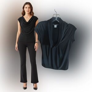 WHBM Black Cowl Neck Cap Sleeve Blouse Matte Jersey Stretch Work Top Size Small